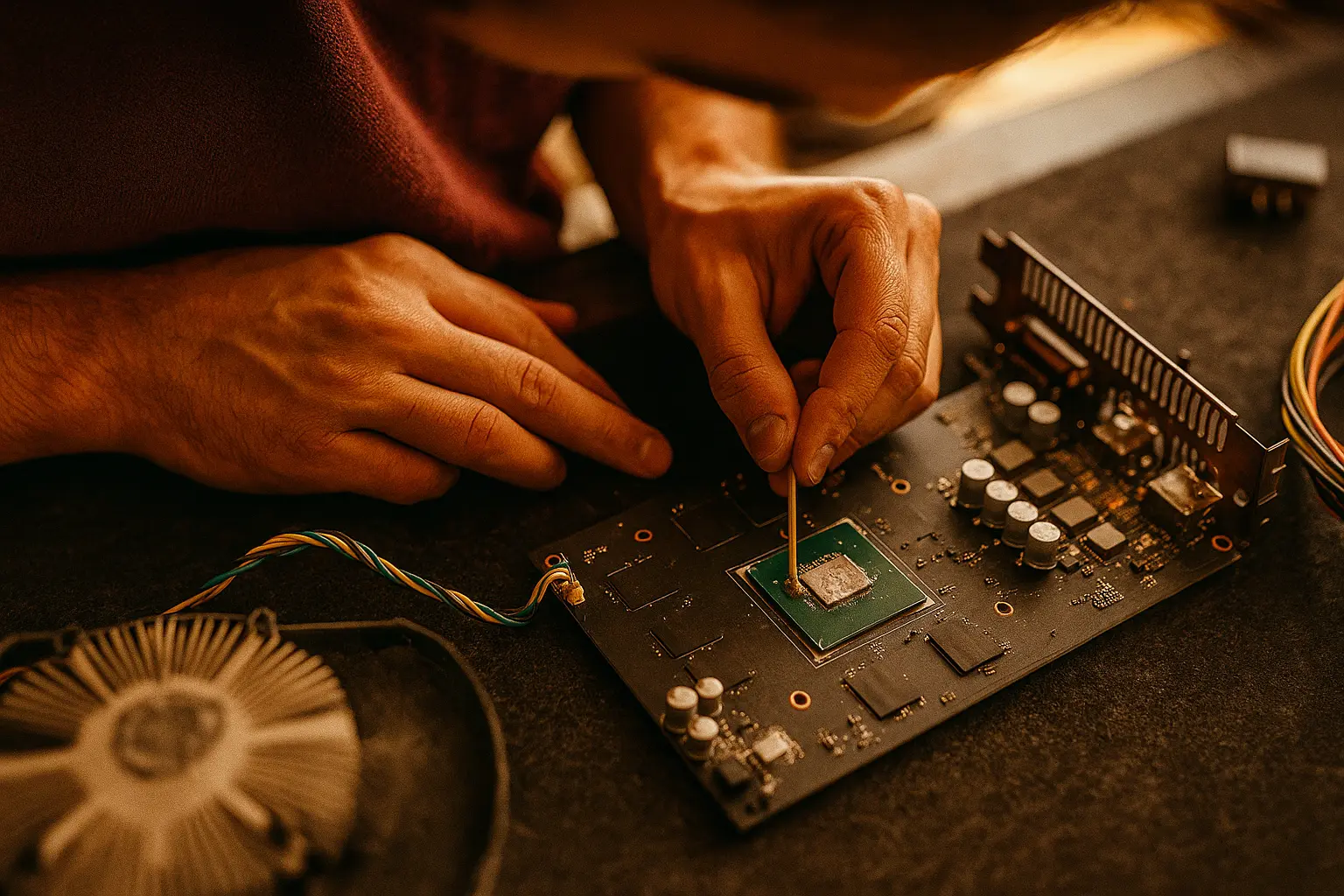 Tecnico AC Computers al lavoro su una scheda madre nel laboratorio di Firenze